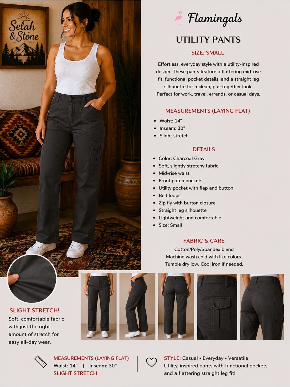 Flamingals Straight Leg Utility Pants — Charcoal Gray